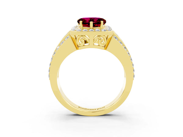 Yellow gold Heart Cut Halo Garnet Ring with Round  Split Shank and Prong Setting