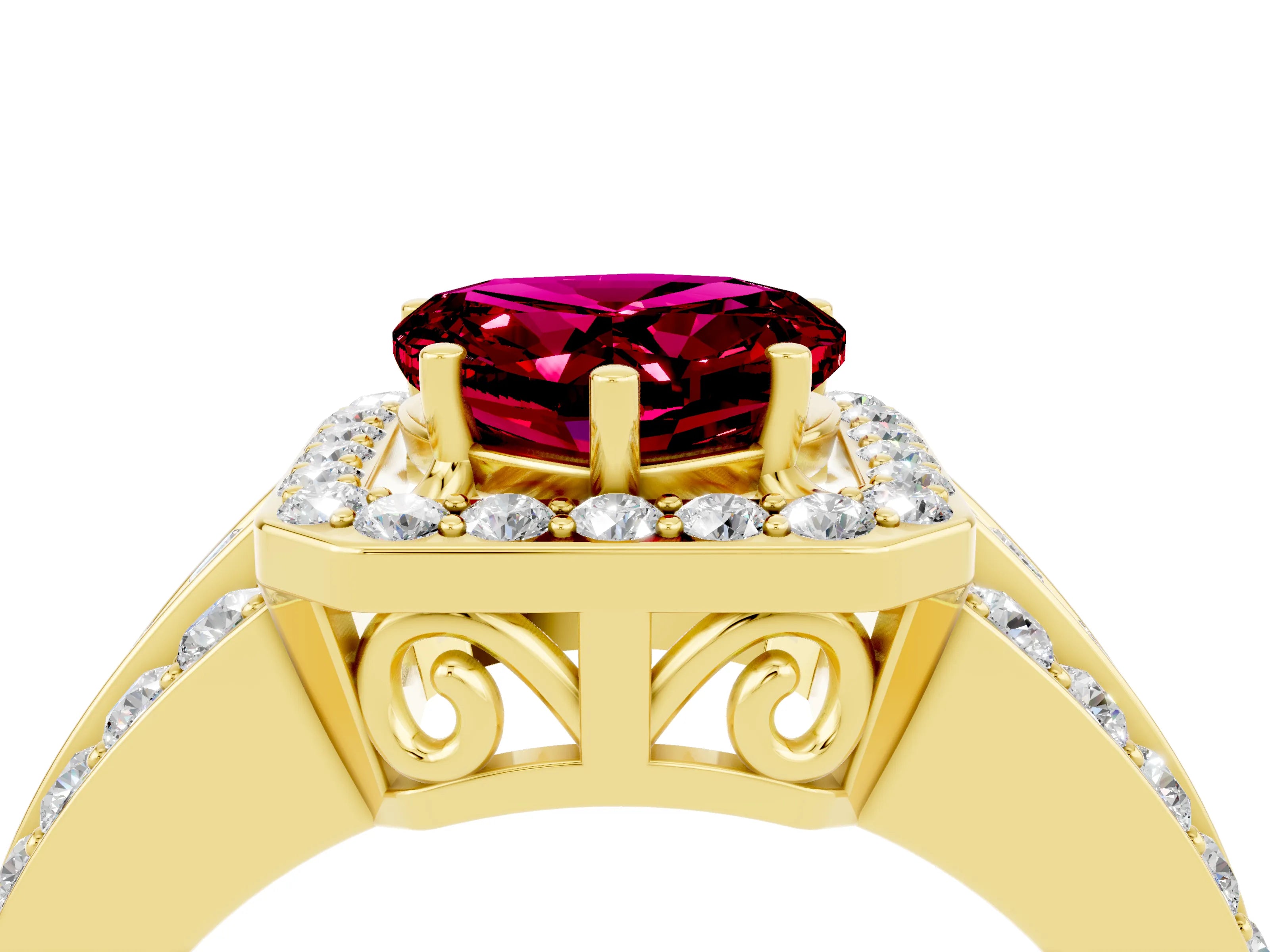 Yellow gold Heart Cut Halo Garnet Ring with Split Shank and Four-Prong Setting_4