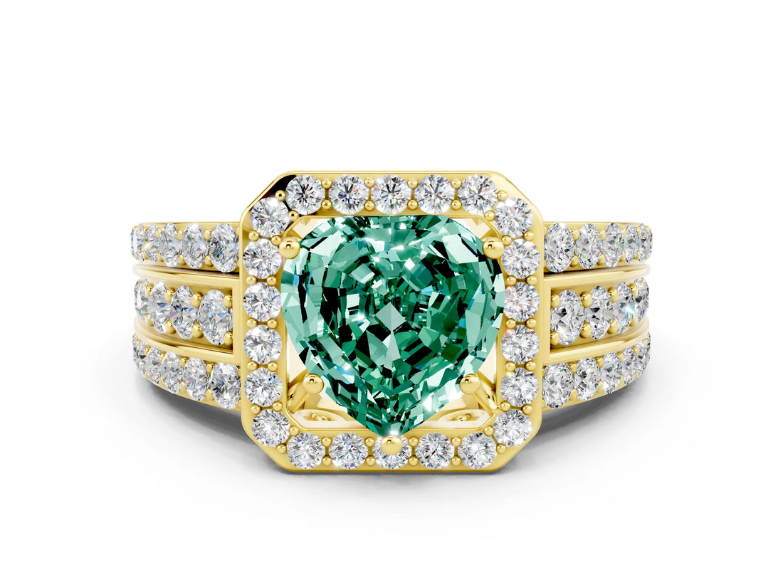 Yellow gold Heart Cut Halo Green Sapphire Ring with Split Shank and Four-Prong Setting