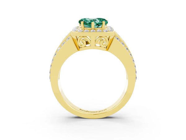 Yellow gold Heart Cut Halo Green Sapphire Ring with Round  Split Shank and Prong Setting