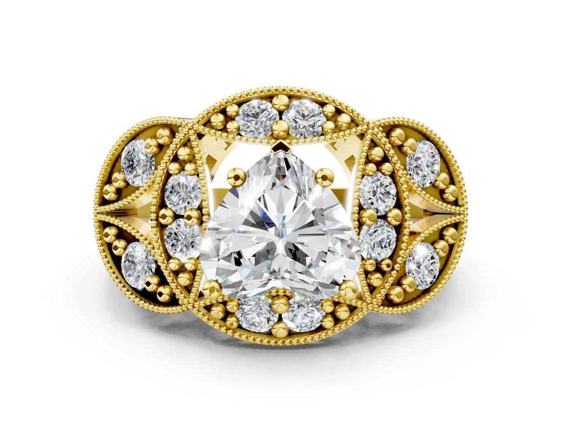 Yellow gold Heart Cut Halo Milgrain Diamond Engagement Ring with Leaf Band and Four-Prong Setting_3