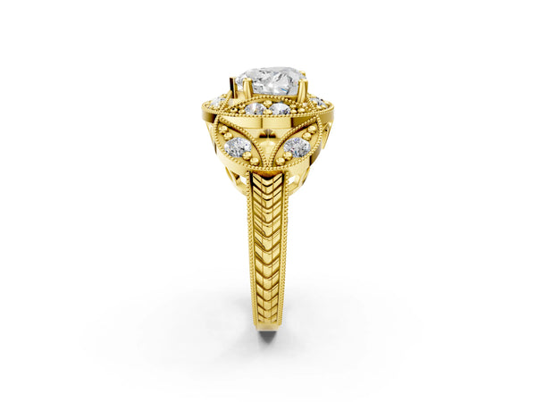 Yellow gold Heart Cut Halo Milgrain Diamond Engagement Ring with Leaf Band and Four-Prong Setting
