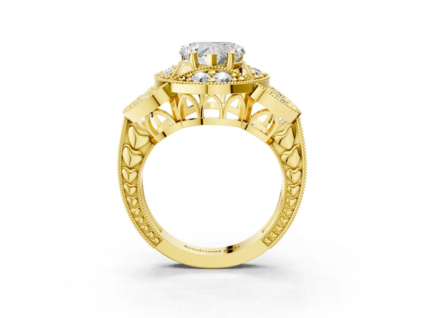 Yellow gold Heart Cut Halo Milgrain Diamond Engagement Ring with Leaf Band and Four-Prong Setting
