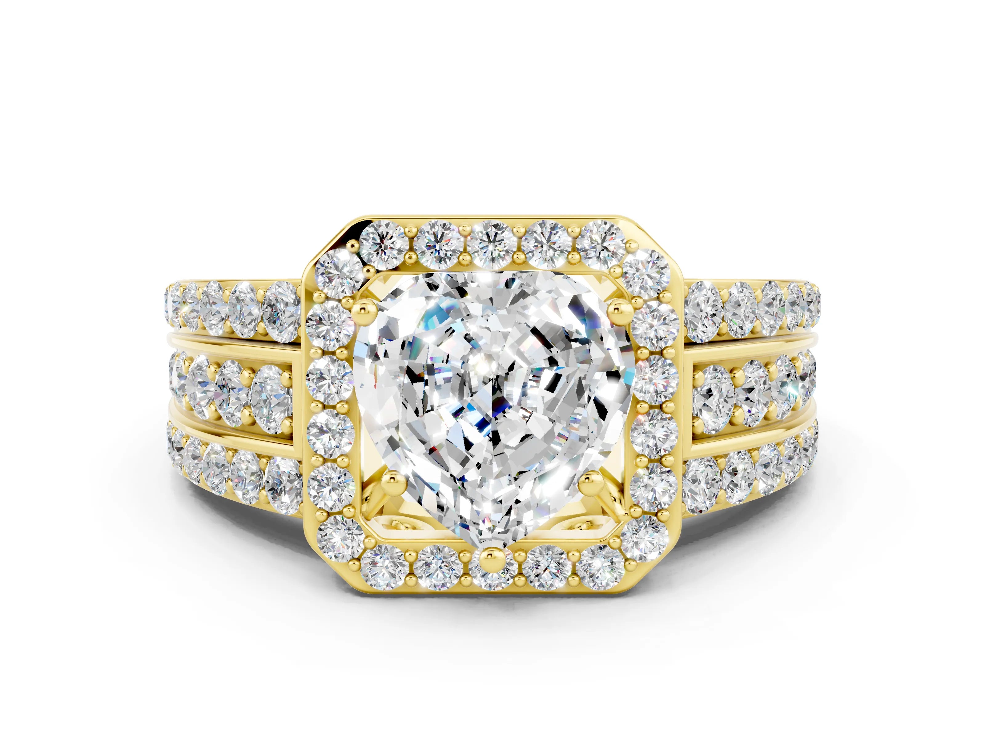 Yellow gold Heart Cut Halo Moissanite Ring with Split Shank and Four-Prong Setting