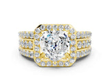 Yellow gold Heart Cut Halo Moissanite Ring with Split Shank and Four-Prong Setting