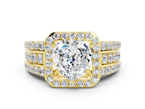 Yellow gold Heart Cut Halo Moissanite Ring with Round  Split Shank and Prong Setting