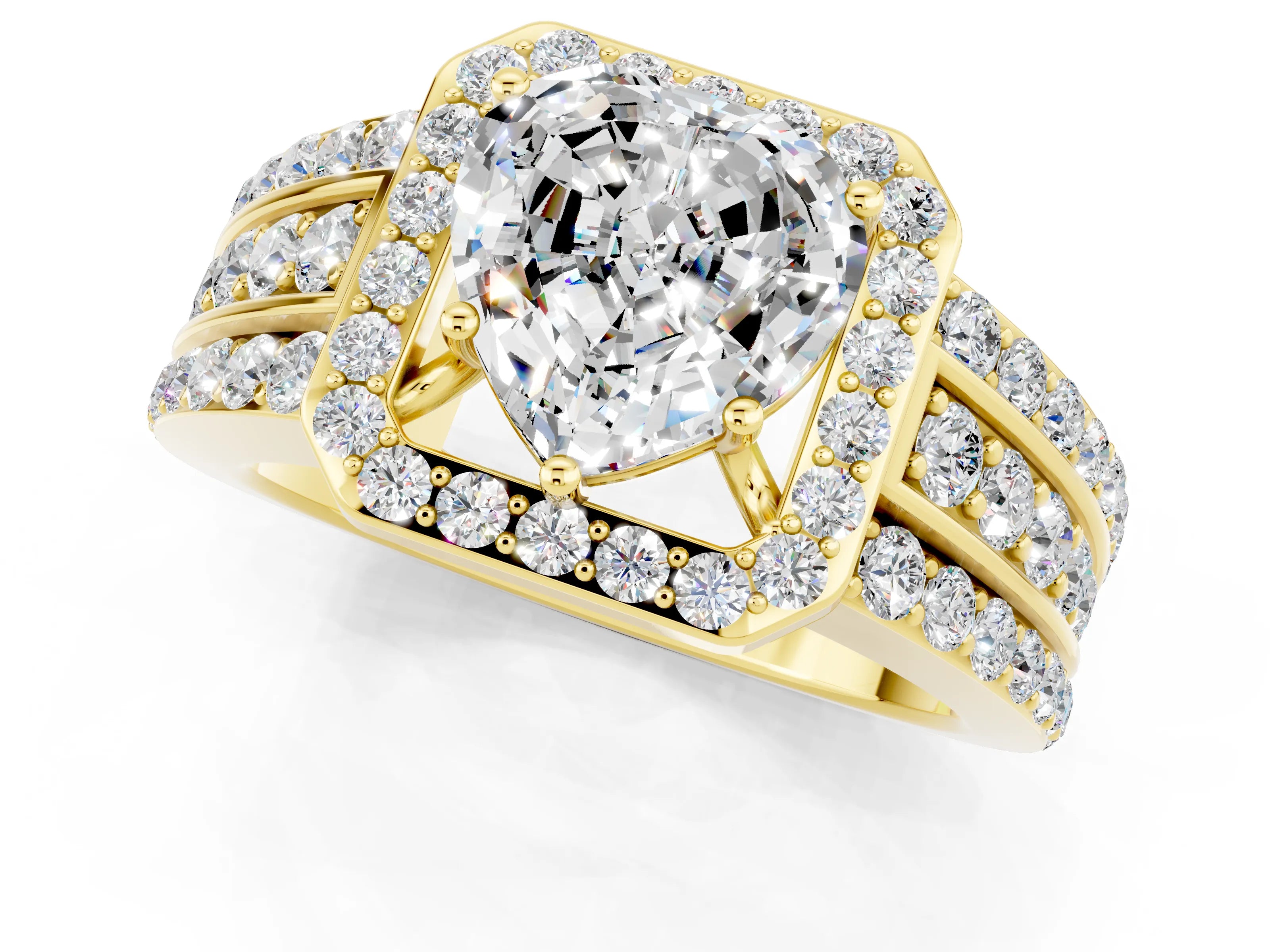 Yellow gold Heart Cut Halo Moissanite Ring with Split Shank and Four-Prong Setting_1