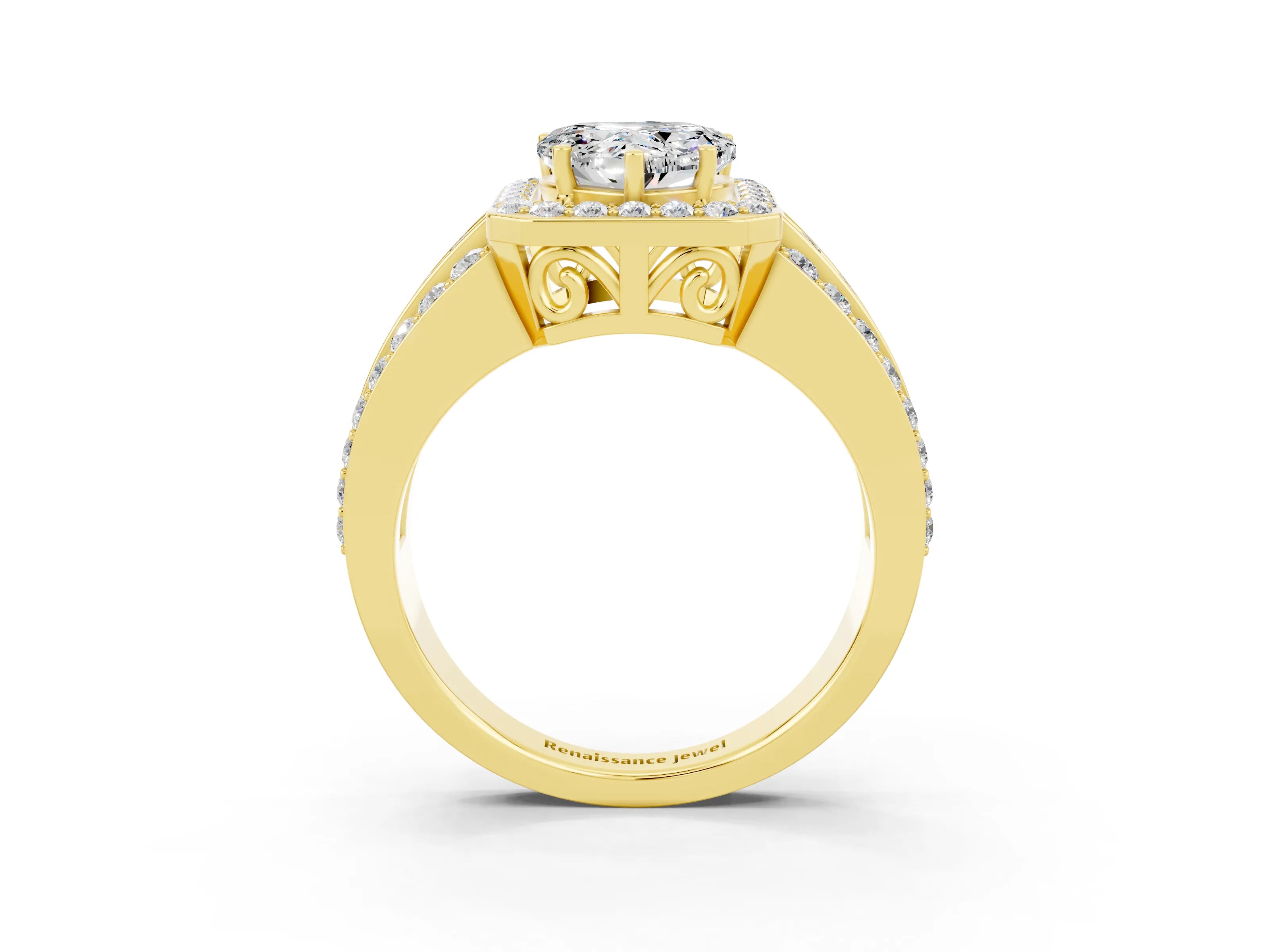 Yellow gold Heart Cut Halo Moissanite Ring with Split Shank and Four-Prong Setting_3