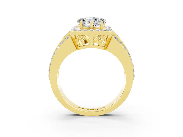 Yellow gold Heart Cut Halo Moissanite Ring with Round  Split Shank and Prong Setting
