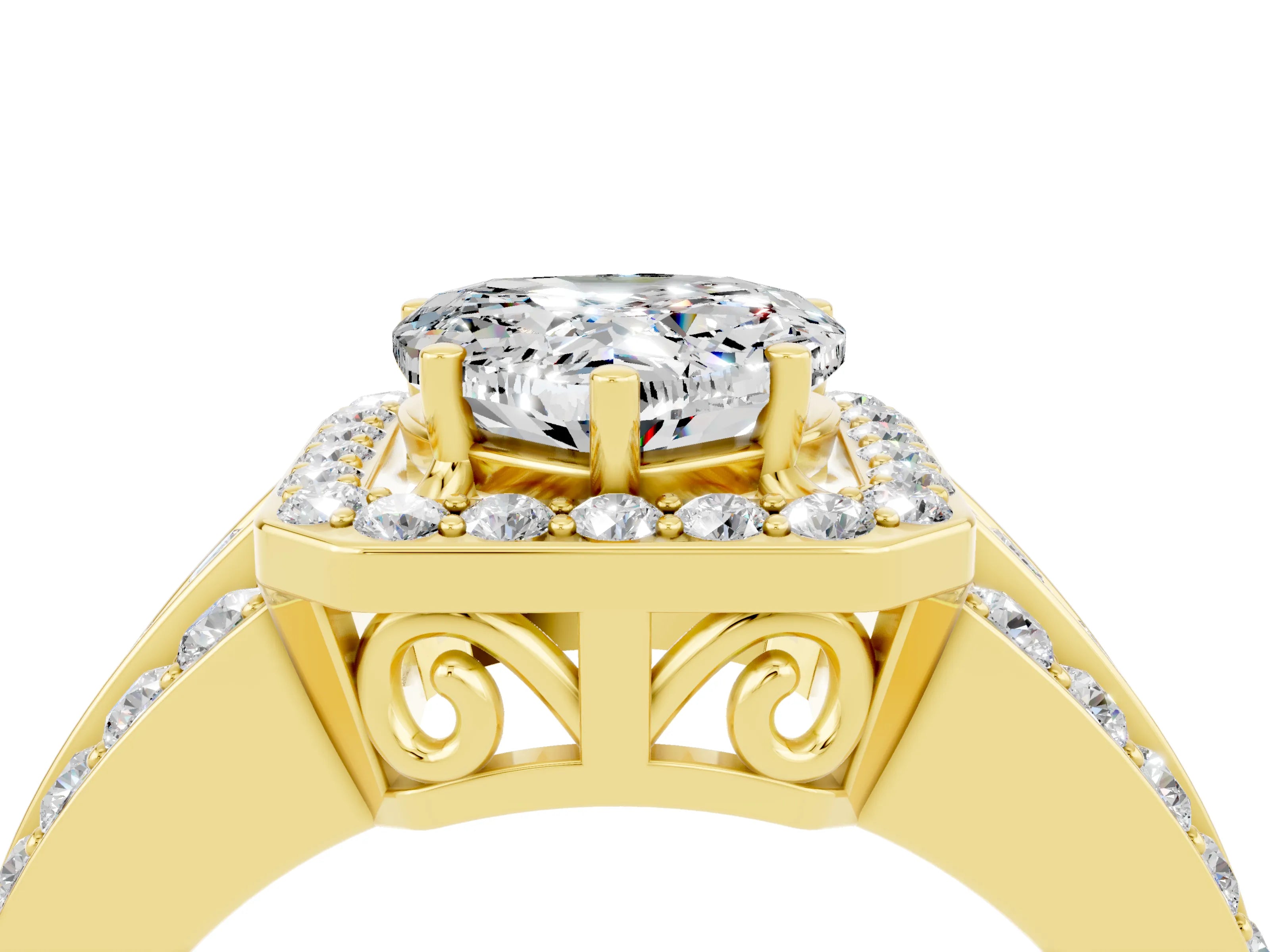 Yellow gold Heart Cut Halo Moissanite Ring with Split Shank and Four-Prong Setting_4