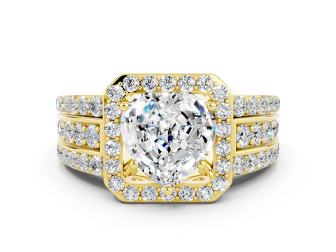Yellow gold Heart Cut Halo Moissanite Ring with Split Shank and Four-Prong Setting