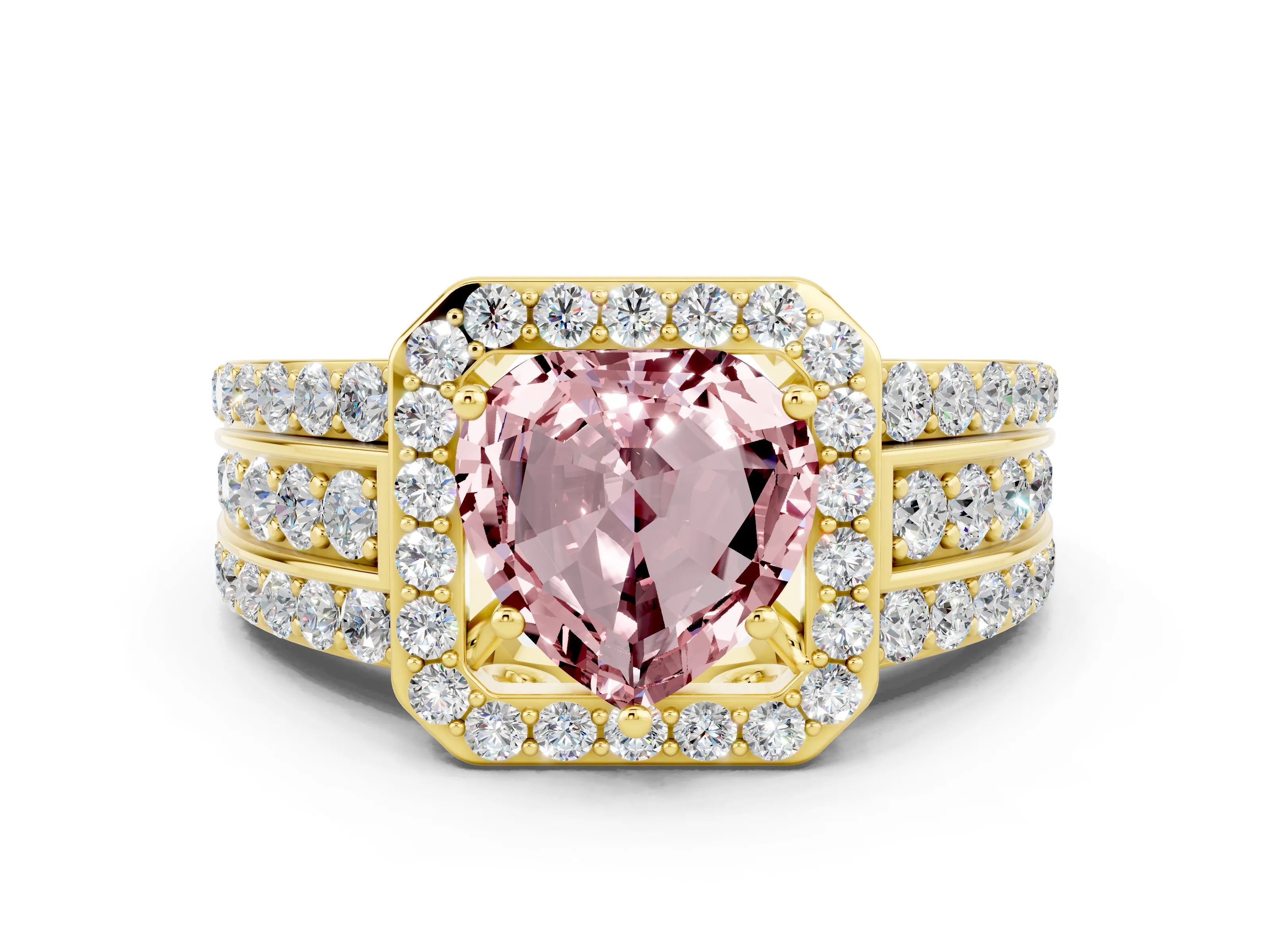 Yellow gold Heart Cut Halo Morganite Ring with Split Shank and Four-Prong Setting