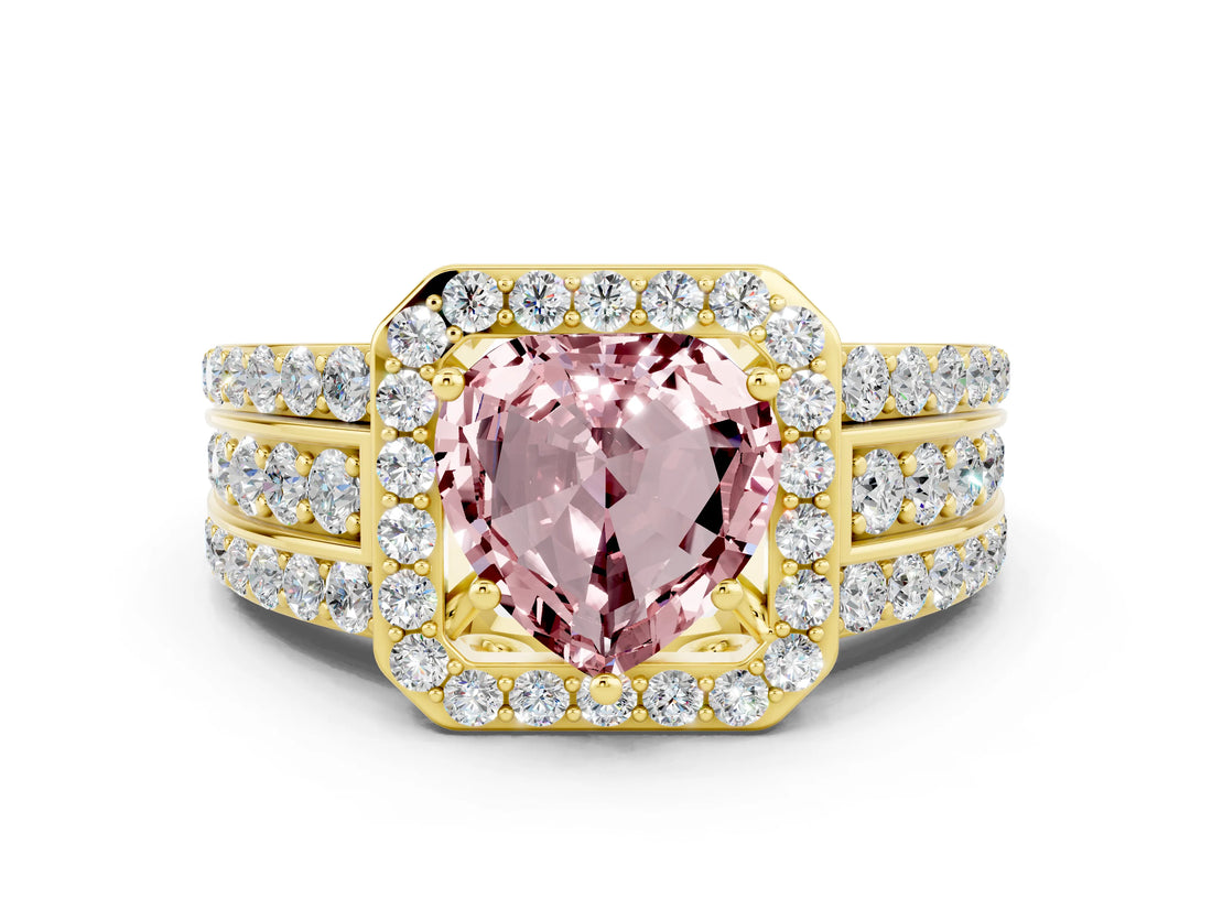 Yellow gold Heart Cut Halo Morganite Ring with Split Shank and Four-Prong Setting