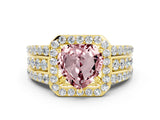 Yellow gold Heart Cut Halo Morganite Ring with Split Shank and Four-Prong Setting