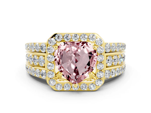 Yellow gold Heart Cut Halo Morganite Ring with Round  Split Shank and Prong Setting