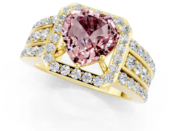 Yellow gold Heart Cut Halo Morganite Ring with Round  Split Shank and Prong Setting
