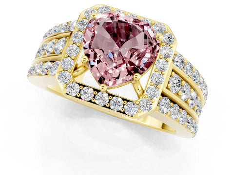 Yellow gold Heart Cut Halo Morganite Ring with Split Shank and Four-Prong Setting_1