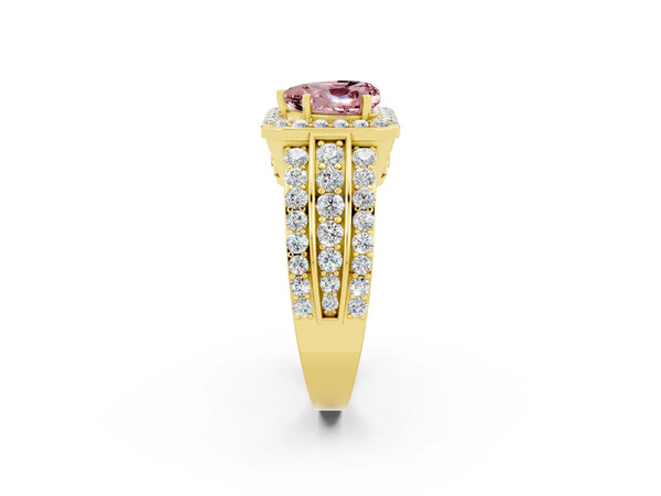 Yellow gold Heart Cut Halo Morganite Ring with Round  Split Shank and Prong Setting
