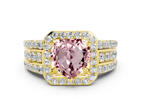Yellow gold Heart Cut Halo Morganite Ring with Split Shank and Four-Prong Setting