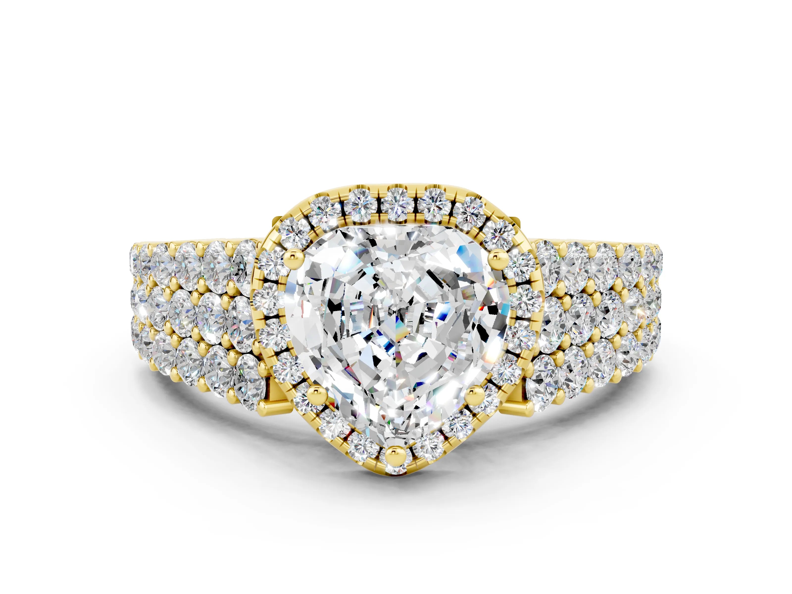 Yellow gold Heart Cut Halo Pavé Diamond Engagement Ring with Split Shank and Four-Prong Setting