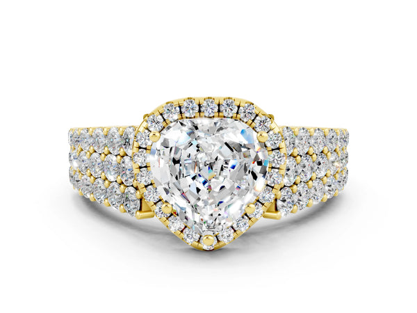 Yellow gold Heart Cut Moissanite Halo Engagement Ring with Triple Row Round Pavé Band and Prong Setting