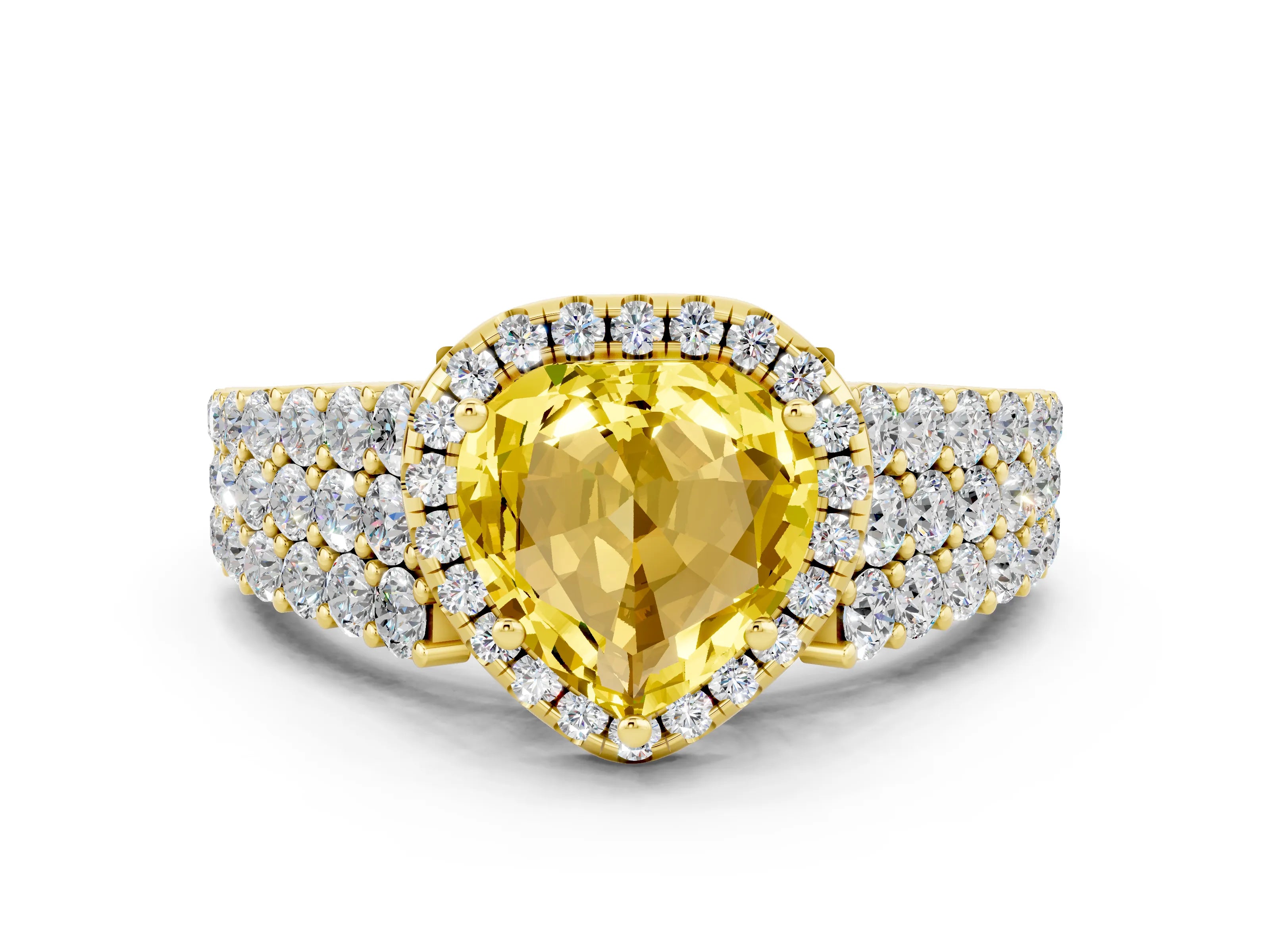 Yellow gold Heart Cut Halo Pavé Diamond Engagement Ring with Split Shank and Four-Prong Setting
