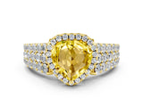 Yellow gold Heart Cut Halo Pavé Diamond Engagement Ring with Split Shank and Four-Prong Setting