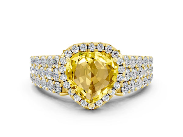 Yellow gold Heart Cut Yellow Sapphire Halo Engagement Ring with Triple Row Round Pavé Band and Prong Setting