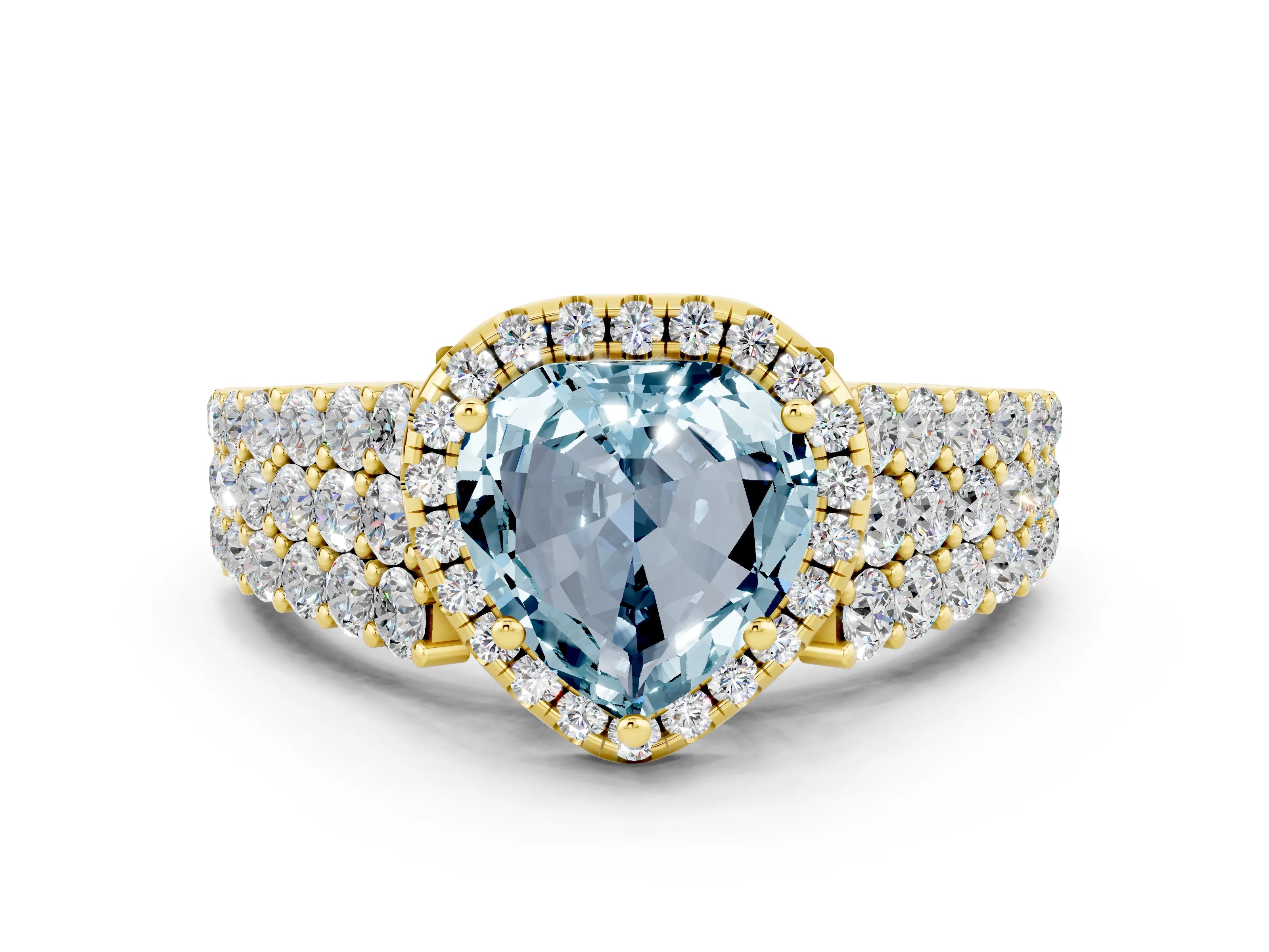 Yellow gold Heart Cut Halo Pavé Diamond Engagement Ring with Split Shank and Four-Prong Setting