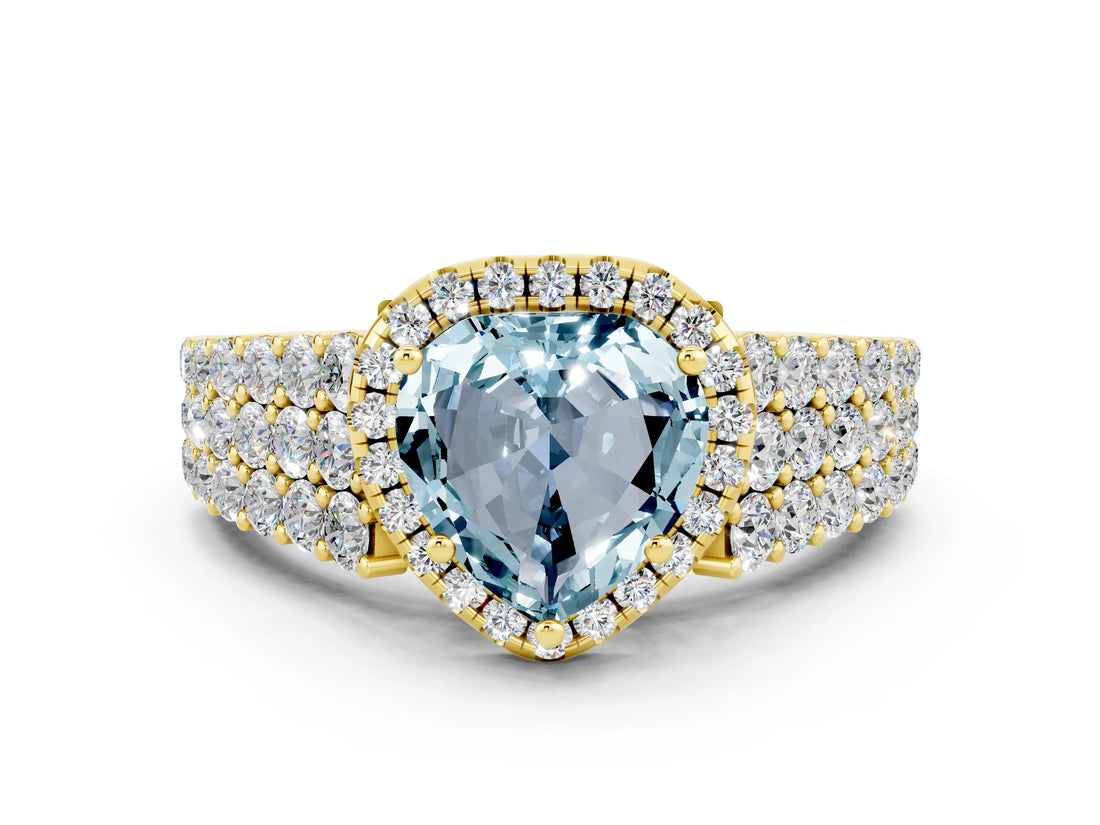 Yellow gold Heart Cut Halo Pavé Diamond Engagement Ring with Split Shank and Four-Prong Setting
