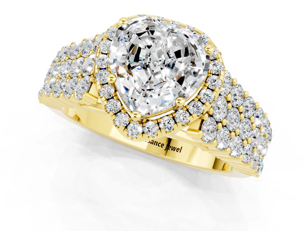 Yellow gold Heart Cut Moissanite Halo Engagement Ring with Triple Row Round Pavé Band and Prong Setting