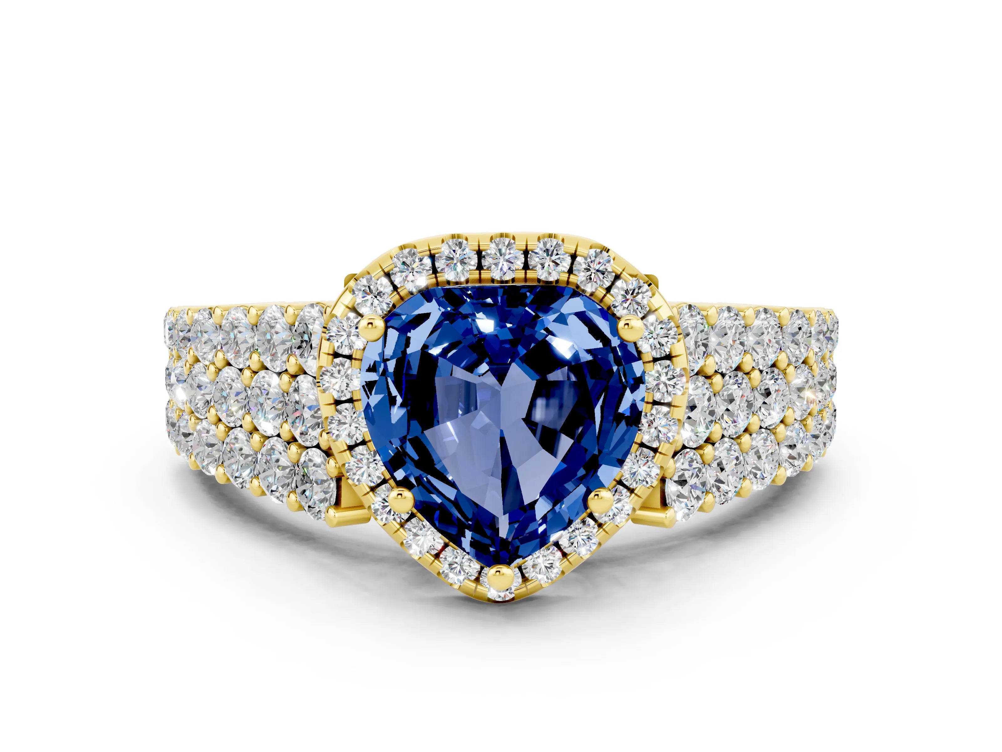 Yellow gold Heart Cut Halo Pavé Diamond Engagement Ring with Split Shank and Four-Prong Setting