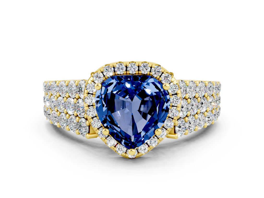 Yellow gold Heart Cut Halo Pavé Diamond Engagement Ring with Split Shank and Four-Prong Setting