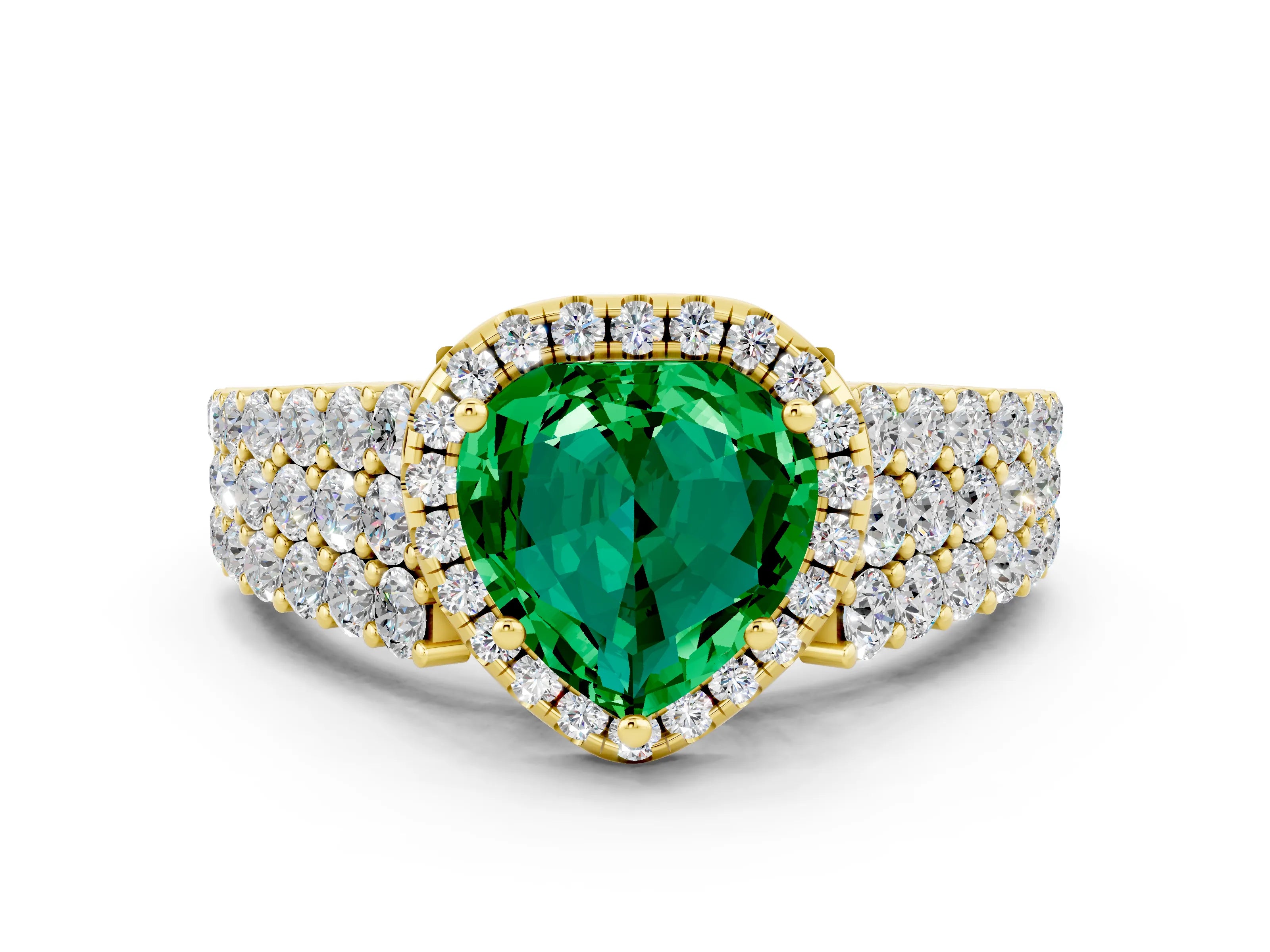 Yellow gold Heart Cut Halo Pavé Diamond Engagement Ring with Split Shank and Four-Prong Setting