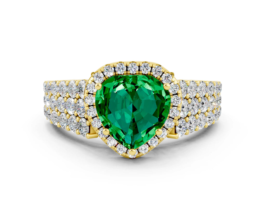 Yellow gold Heart Cut Halo Pavé Diamond Engagement Ring with Split Shank and Four-Prong Setting