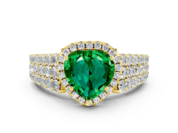 Yellow gold Heart Cut Emerald Halo Engagement Ring with Triple Row Round Pavé Band and Prong Setting