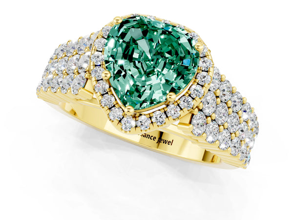 Yellow gold Heart Cut Green Sapphire Halo Engagement Ring with Triple Row Round Pavé Band and Prong Setting