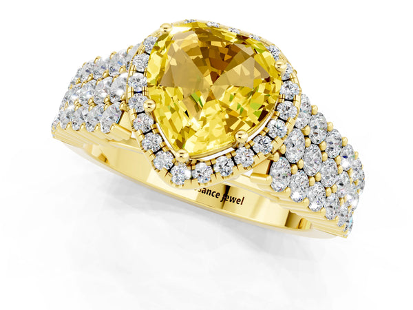 Yellow gold Heart Cut Yellow Sapphire Halo Engagement Ring with Triple Row Round Pavé Band and Prong Setting