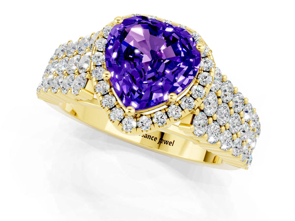 Yellow gold Heart Cut Tanzanite Halo Engagement Ring with Triple Row Round Pavé Band and Prong Setting