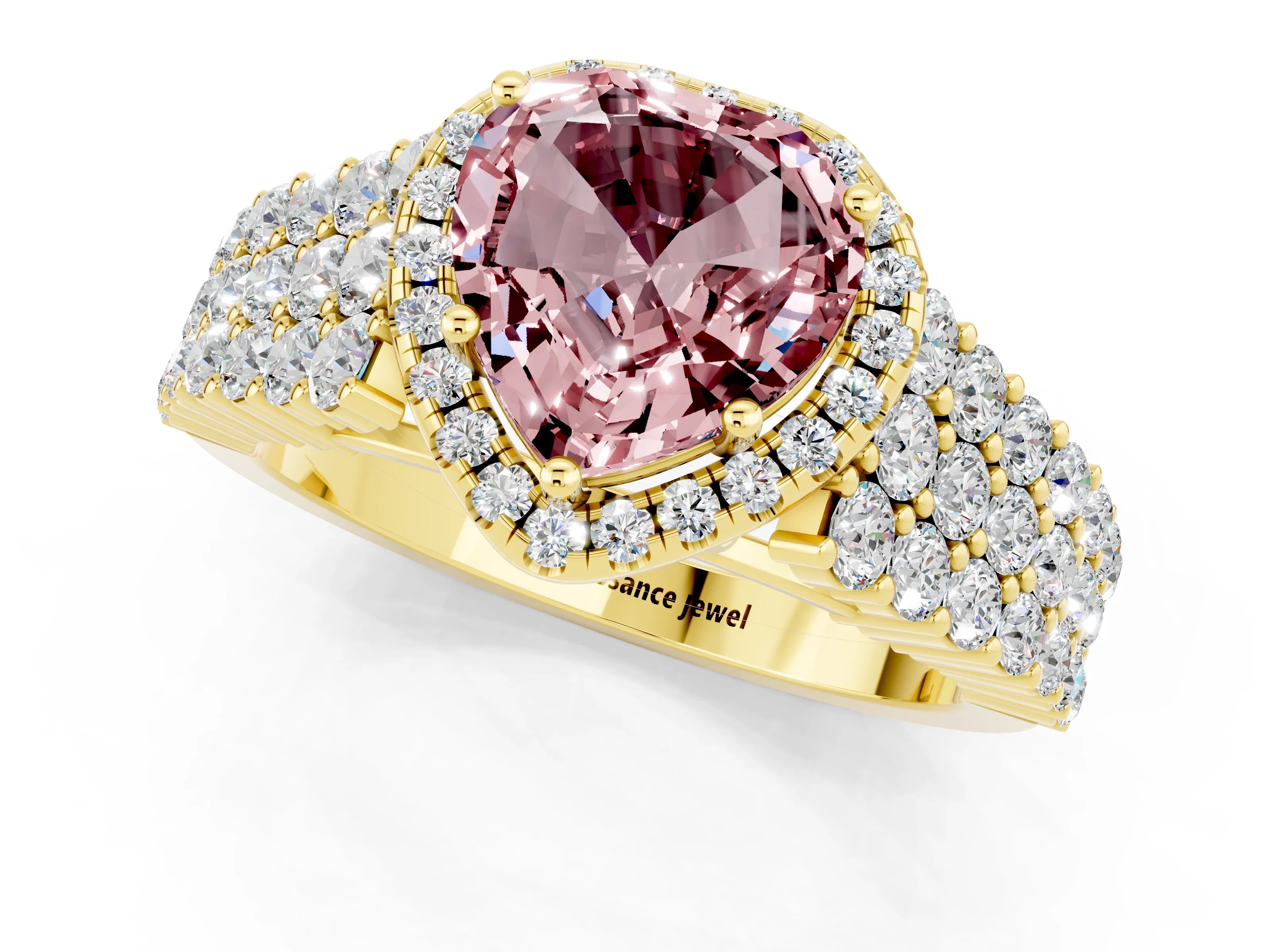 Yellow gold Heart Cut Halo Pavé Diamond Engagement Ring with Split Shank and Four-Prong Setting_1