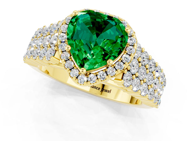 Yellow gold Heart Cut Emerald Halo Engagement Ring with Triple Row Round Pavé Band and Prong Setting