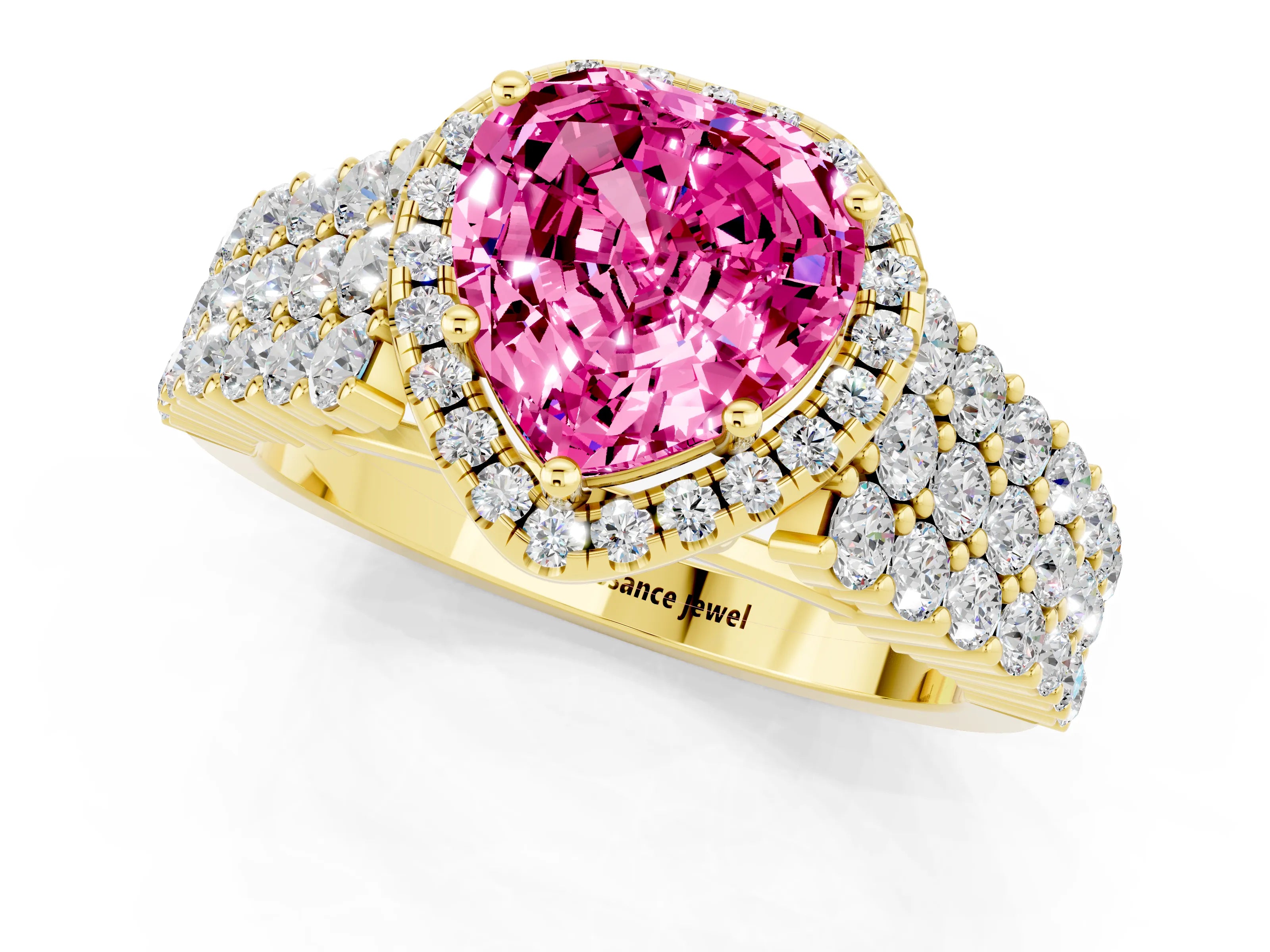 Yellow gold Heart Cut Halo Pavé Diamond Engagement Ring with Split Shank and Four-Prong Setting_1