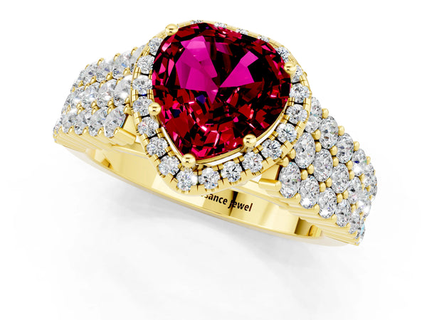 Yellow gold Heart Cut Garnet Halo Engagement Ring with Triple Row Round Pavé Band and Prong Setting