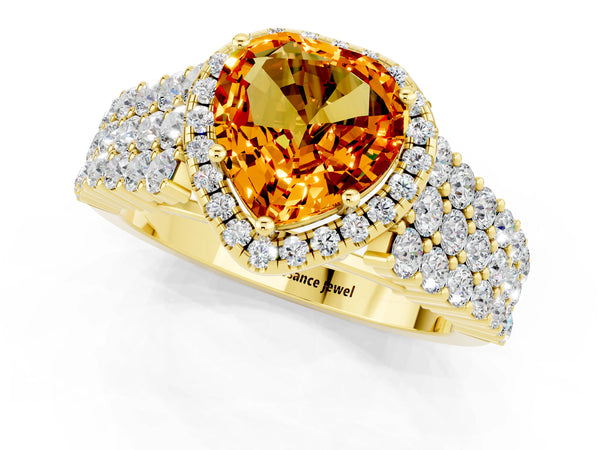 Yellow gold Heart Cut Citrine Halo Engagement Ring with Triple Row Round Pavé Band and Prong Setting