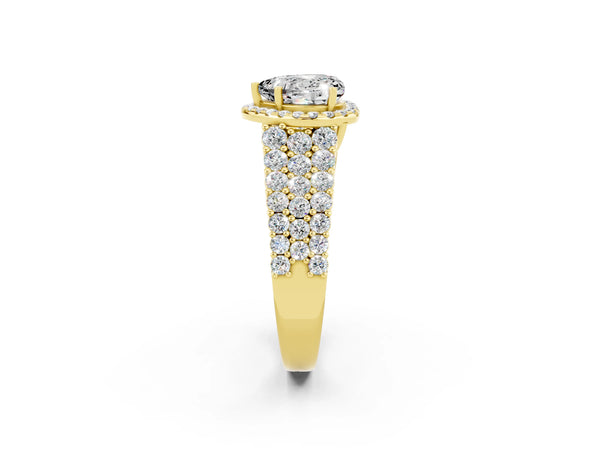 Yellow gold Heart Cut Moissanite Halo Engagement Ring with Triple Row Round Pavé Band and Prong Setting