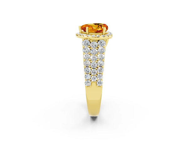 Yellow gold Heart Cut Citrine Halo Engagement Ring with Triple Row Round Pavé Band and Prong Setting