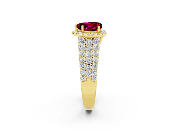 Yellow gold Heart Cut Garnet Halo Engagement Ring with Triple Row Round Pavé Band and Prong Setting