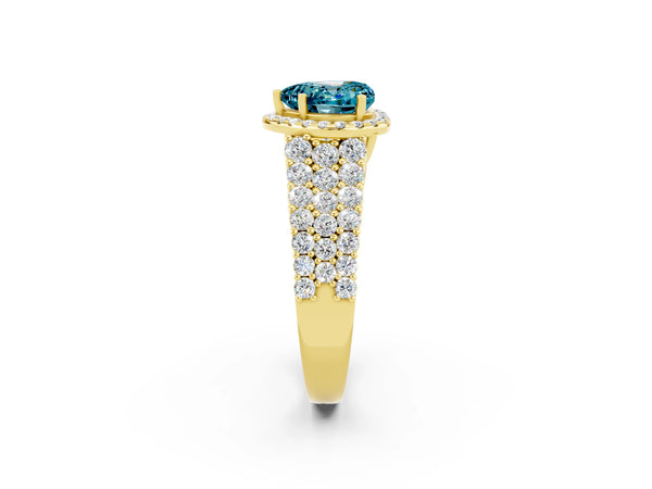 Yellow gold Heart Cut Halo Pavé Diamond Engagement Ring with Split Shank and Four-Prong Setting