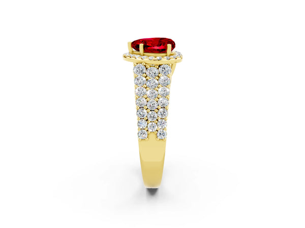 Yellow gold Heart Cut Halo Pavé Diamond Engagement Ring with Split Shank and Four-Prong Setting