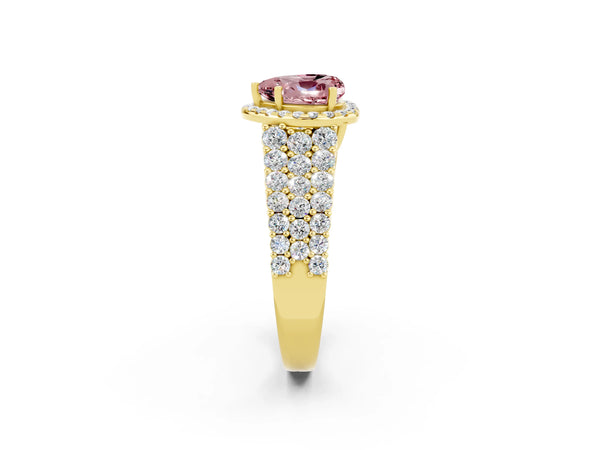 Yellow gold Heart Cut Halo Pavé Diamond Engagement Ring with Split Shank and Four-Prong Setting